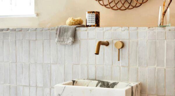White Zellij tiling made in Morocco for Bert & May (UK) with chips, flaws and imperfections unique to every tile. Shown here in White Bejmat used as a splash-back, 15cm x 5cm x 1.4cm - 1.8cm (varied depth), €161 per metre, bertandmay.com for suppliers White Zellij tiling made in Morocco for Bert & May (UK) with chips, flaws and imperfections unique to every tile. Shown here in White Bejmat used as a splash-back, 15cm x 5cm x 1.4cm - 1.8cm (varied depth), €161 per metre, bertandmay.com for suppliers