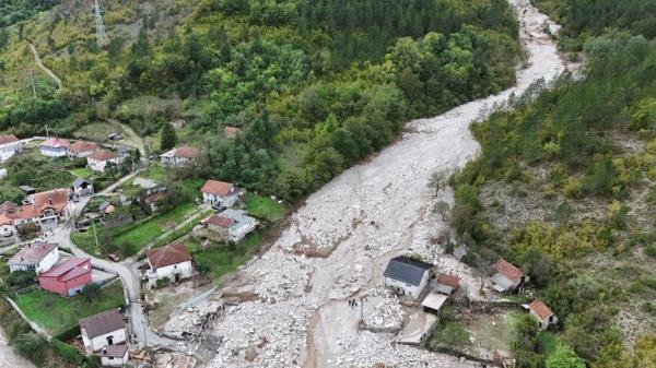 A drone view shows a flooded residential area in Donja Jablanica, Bosnia and Herzegovina.
Pic: Reuters