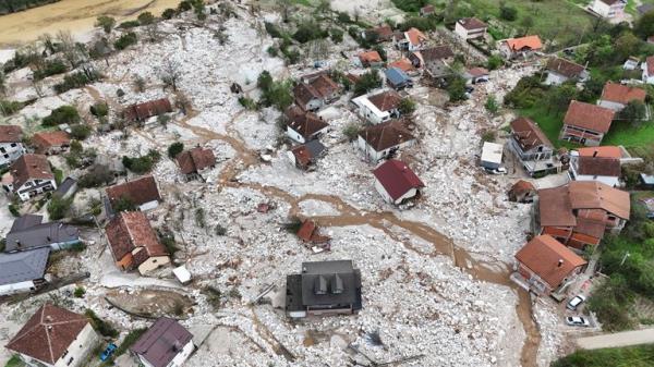 A drone view shows a flooded residential area in Donja Jablanica, Bosnia and Herzegovina.
Pic: Reuters